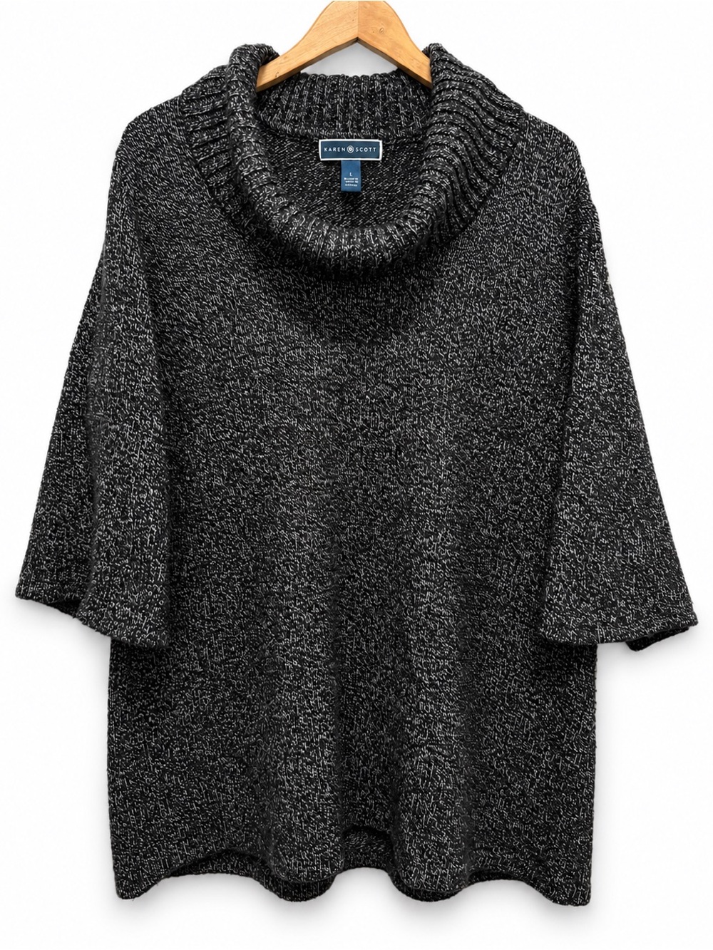Karen Scott Marled Cowl Neck Tunic Sweater Large Black Gray